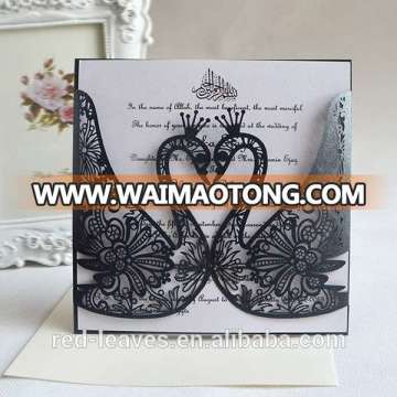 Guangzhou black lace folding wedding card laser cut swan shape invitation card